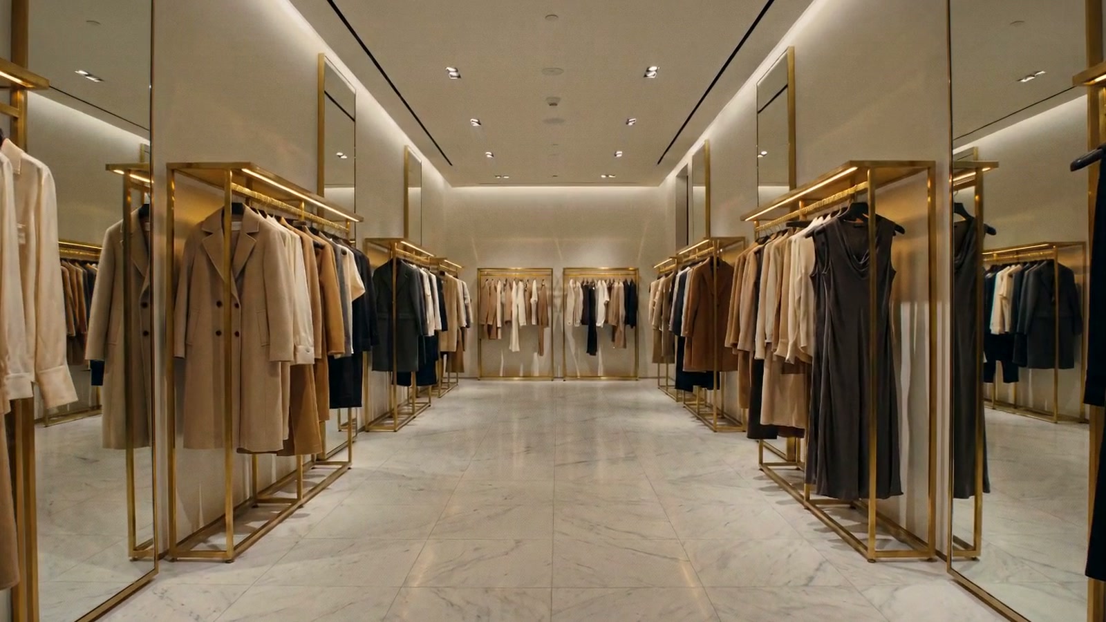 A long retail hall lined with brass garment rails, receding toward a distant lit doorway.
