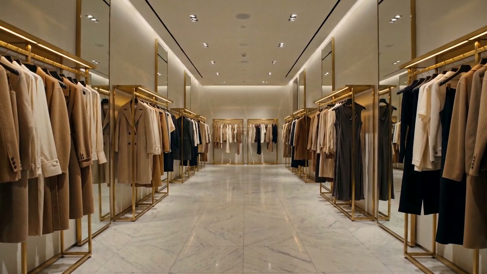 A clothing atelier with brass rails and neutral garments receding down a lit marble hall.